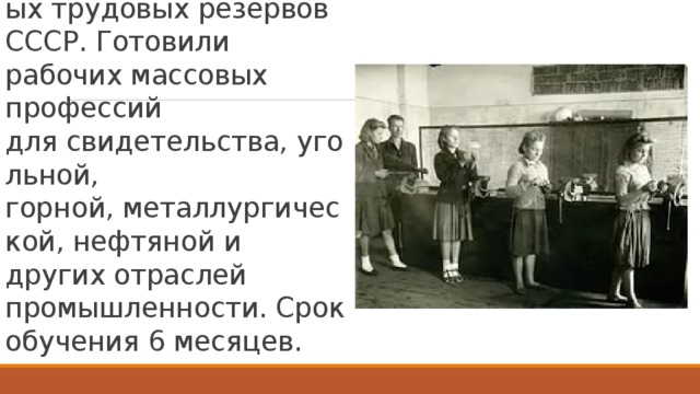 Школы ФЗО действовали на базе промышленных предприятий и строек в системе Государственных трудовых резервов СССР. Готовили рабочих массовых профессий для свидетельства, угольной, горной, металлургической, нефтяной и других отраслей промышленности. Срок обучения 6 месяцев. 