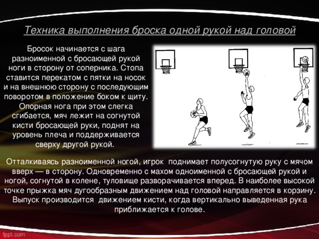 Техника выполнения броска одной рукой над головой Бросок начинается с шага разноименной с бросающей рукой ноги в сторону от соперника. Стопа ставится перекатом с пятки на носок и на внешнюю сторону с последующим поворотом в положение боком к щиту. Опорная нога при этом слегка сгибается, мяч лежит на согнутой кисти бросающей руки, поднят на уровень плеча и поддерживается сверху другой рукой. Отталкиваясь разноименной ногой, игрок поднимает полусогнутую руку с мячом вверх — в сторону. Одновременно с махом одноименной с бросающей рукой и ногой, согнутой в колене, туловище разворачивается вперед. В наиболее высокой точке прыжка мяч дугообразным движением над головой направляется в корзину. Выпуск производится движением кисти, когда вертикально выведенная рука приближается к голове. 