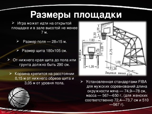 Размеры площадки Игра может идти на открытой площадке и в зале высотой не менее 7 м.   Размер поля — 28×15 м. Размер щита 180х105 см.  От нижнего края щита до пола или грунта должно быть 290 см.  Корзина крепится на расстоянии 0,15 м от нижнего обреза щита и 3,05 м от уровня пола. Установленная стандартами FIBA для мужских соревнований длина окружности мяча — 74,9—78 см, масса — 567—650 г, (для женских соответственно 72,4—73,7 см и 510—567 г). 