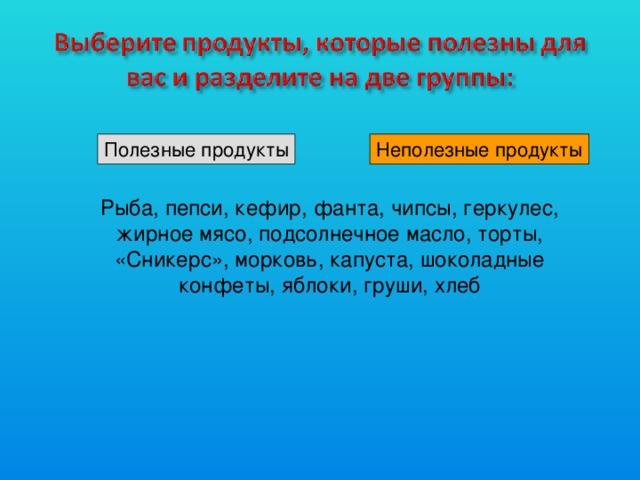 Полезные продукты Неполезные продукты Рыба, пепси, кефир, фанта, чипсы, геркулес, жирное мясо, подсолнечное масло, торты, «Сникерс», морковь, капуста, шоколадные конфеты, яблоки, груши, хлеб 