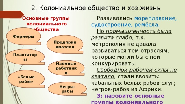 2. Колониальное общество и хоз.жизнь Развивались мореплавание, судостроение, ремёсла. Но промышленность была развита слабо , т.к. метрополия не давала развиваться тем отраслям, которые могли бы с ней конкурировать. Свободной рабочей силы не хватало , стали ввозить: кабальных белых рабов-слуг; негров-рабов из Африки. З: назовите основные группы колониального общества. Основные группы колониального общества Фермеры Предприниматели Плантаторы Наёмные работники «Белые рабы» Негры-рабы 