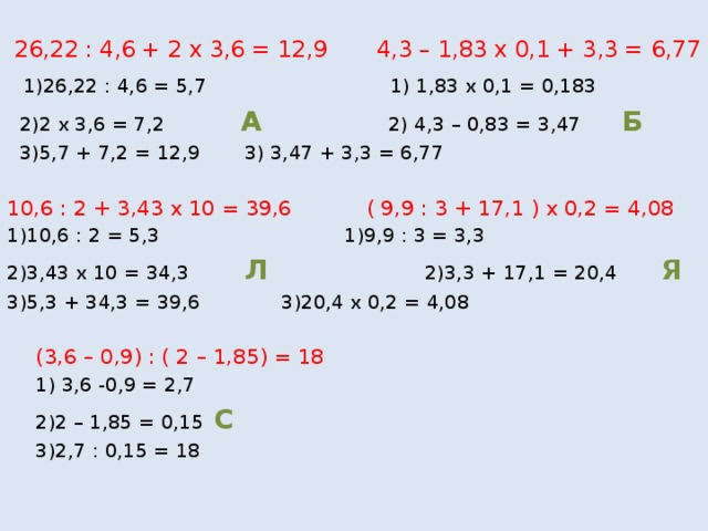  26,22 : 4,6 + 2 x 3,6 = 12,9  4,3 – 1,83 x 0,1 + 3,3 = 6,77  1)26,22 : 4,6 = 5,7 1) 1,83 x 0,1 = 0,183  2)2 x 3,6 = 7,2   А  2) 4,3 – 0,83 = 3,47   Б  3)5,7 + 7,2 = 12,9   3) 3,47 + 3,3 = 6,77 10,6 : 2 + 3,43 x 10 = 39,6  ( 9,9 : 3 + 17,1 ) x 0,2 = 4,08 1)10,6 : 2 = 5,3   1)9,9 : 3 = 3,3 2)3,43 x 10 = 34,3 Л 2)3,3 + 17,1 = 20,4 Я 3)5,3 + 34,3 = 39,6   3)20,4 x 0,2 = 4,08   (3,6 – 0,9) : ( 2 – 1,85) = 18   1) 3,6 -0,9 = 2,7   2)2 – 1,85 = 0,15   С   3)2,7 : 0,15 = 18    