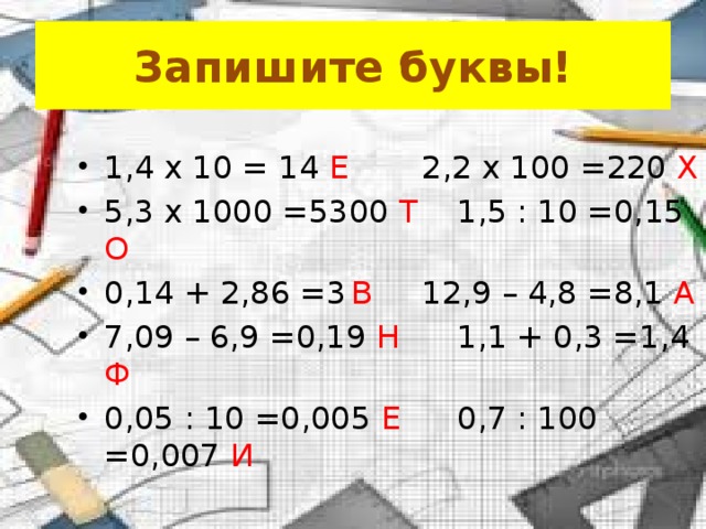 Запишите буквы! 1,4 x 10 = 14 Е    2,2 x 100 =220 Х 5,3 x 1000 =5300 Т   1,5 : 10 =0,15 О 0,14 + 2,86 =3  В   12,9 – 4,8 =8,1 А 7,09 – 6,9 =0,19 Н   1,1 + 0,3 =1,4 Ф 0,05 : 10 =0,005 Е   0,7 : 100 =0,007 И 