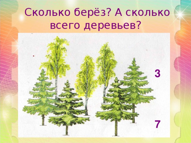  Сколько берёз? А сколько всего деревьев? 3    7 