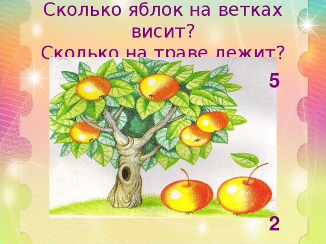 Сколько яблок на ветках висит?  Сколько на траве лежит? 5      2 