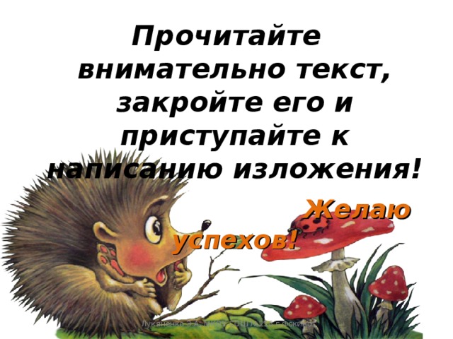Прочитайте внимательно текст, закройте его и  приступайте к написанию изложения!  Желаю успехов! Лукяненко Э.А. МКОУ СОШ №256 г.Фокино 