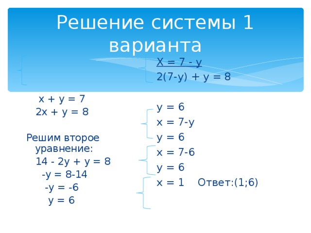 Решение системы 1 варианта  Х  =  7  -  у  2(7-у)  +  у  =  8  у  =  6  х  =  7-у  у  =  6  х  =  7-6  у  =  6  х  =  1 Ответ:(1;6)  х + у = 7  2х + у = 8 Решим второе уравнение:  14  -  2у  +  у  =  8  -у  =  8-14  -у  =  -6  у  =  6 