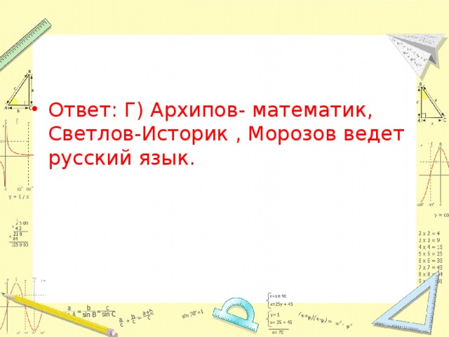 Ответ: Г) Архипов- математик, Светлов-Историк , Морозов ведет русский язык. 