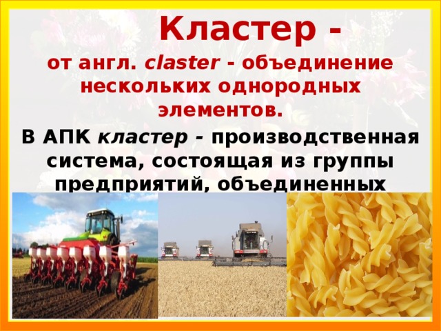 Кластер - от англ. claster - объединение нескольких однородных элементов. В АПК кластер - производственная система, состоящая из группы предприятий, объединенных между собой в единую технологическую цепочку. 