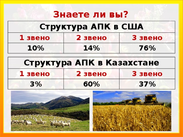 Знаете ли вы? Структура АПК в США 1 звено 2 звено 10% 3 звено 14% 76% Структура АПК в Казахстане 1 звено 2 звено 3% 60% 3 звено 37% 