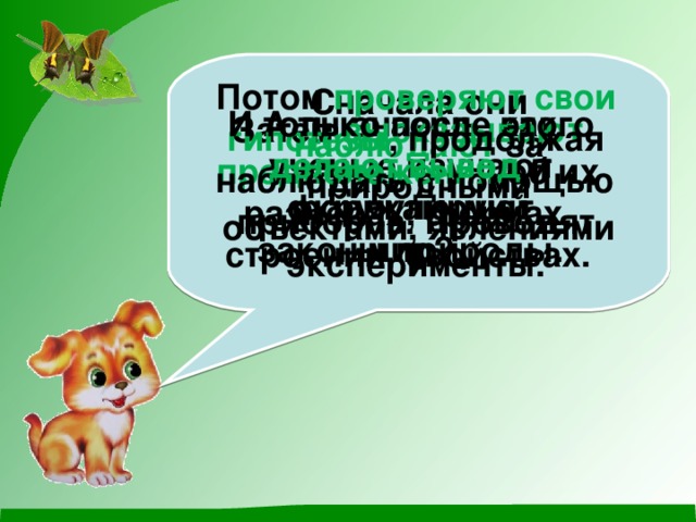 Потом проверяют свои гипотезы , продолжая наблюдать с помощью приборов. Проводят эксперименты. Сначала они наблюдают за природными объектами, явлениями А ты знаешь, как ученые изучают окружающий мир? И только после этого делают вывод и формулируют законы природы. Затем высказывают предположения об их размерах, формах, строении, свойствах. 