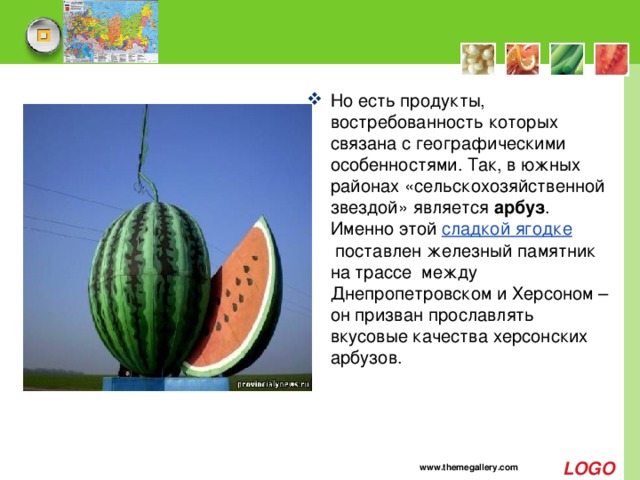 Но есть продукты, востребованность которых связана с географическими особенностями. Так, в южных районах «сельскохозяйственной звездой» является  арбуз . Именно этой  сладкой ягодке  поставлен железный памятник на трассе  между Днепропетровском и Херсоном – он призван прославлять вкусовые качества херсонских арбузов.   www.themegallery.com 