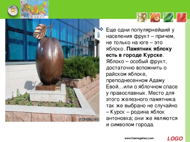 Еще одни популярнейший у населения фрукт – причем, не только на юге – это яблоко. Памятник яблоку есть в городе Курске . Яблоко – особый фрукт, достаточно вспомнить о райском яблоке, преподнесенном Адаму Евой…или о яблочном спасе у православных. Место для этого железного памятника так же выбрано не случайно – Курск – родина яблок антоновка; они же являются и символом города.   www.themegallery.com 