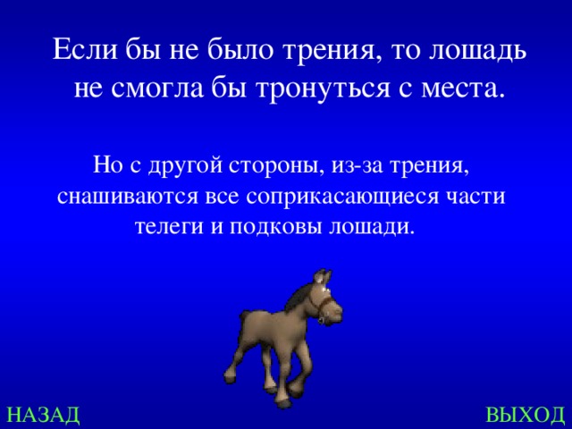 Если бы не было трения, то лошадь не смогла бы тронуться с места. Но с другой стороны, из-за трения, снашиваются все соприкасающиеся части телеги и подковы лошади. НАЗАД ВЫХОД 