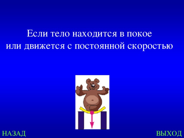 Если тело находится в покое или движется с постоянной скоростью НАЗАД ВЫХОД 