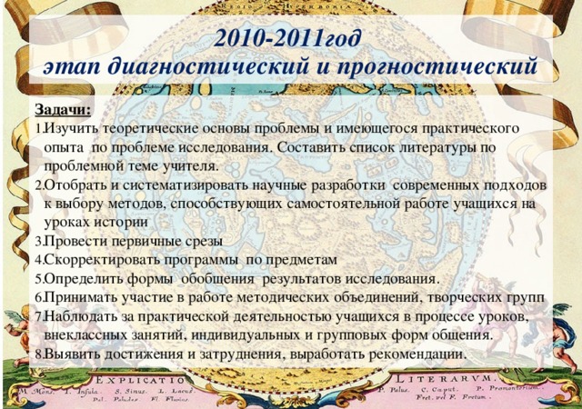 2010-2011год  этап диагностический и прогностический Задачи: Изучить теоретические основы проблемы и имеющегося практического опыта по проблеме исследования. Составить список литературы по проблемной теме учителя. Отобрать и систематизировать научные разработки современных подходов к выбору методов, способствующих самостоятельной работе учащихся на уроках истории Провести первичные срезы Скорректировать программы по предметам Определить формы обобщения результатов исследования. Принимать участие в работе методических объединений, творческих групп Наблюдать за практической деятельностью учащихся в процессе уроков, внеклассных занятий, индивидуальных и групповых форм общения. Выявить достижения и затруднения, выработать рекомендации. 