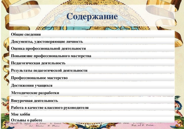 Содержание Общие сведения Документы, удостоверяющие личность Оценка профессиональной деятельности Повышение профессионального мастерства Педагогическая деятельность Результаты педагогической деятельности Профессиональное мастерство Достижения учащихся Методические разработки Внеурочная деятельность Работа в качестве классного руководителя Мое хобби Отзывы о работе 