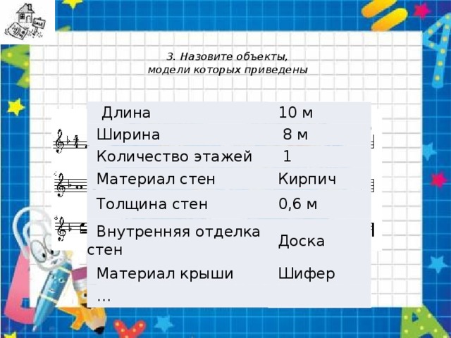  3. Назовите объекты,  модели которых приведены      Длина   10 м   Ширина    8 м   Количество этажей   Материал стен    1   Кирпич   Толщина стен   0,6 м   Внутренняя отделка стен   Доска   Материал крыши   Шифер   ... 