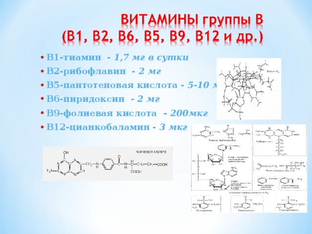 В1-тиамин - 1,7 мг в сутки В2-рибофлавин - 2 мг В5-пантотеновая кислота - 5-10 мг В6-пиридоксин - 2 мг В9-фолиевая кислота - 200мкг В12-цианкобаламин - 3 мкг 