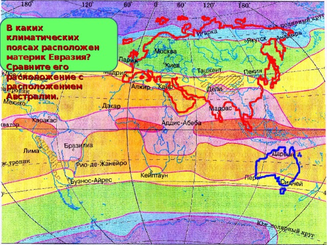 В каких климатических поясах расположен материк Евразия? Сравните его расположение с расположением Австралии. 