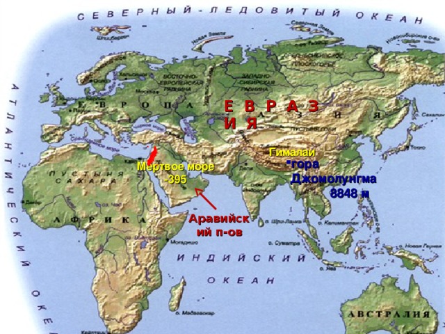 Е В Р А З И Я Гималаи гора Джомолунгма  8848 м Мёртвое море -395 Аравийский п-ов 