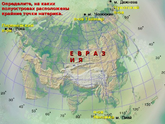 Крайняя точка евразии на востоке. Физико географическое положение Евразии. На каком материке находится п ов Таймыр. Положение Евразии по отношению к островам. На каком полуострове находится крайняя Северная материковая точка.