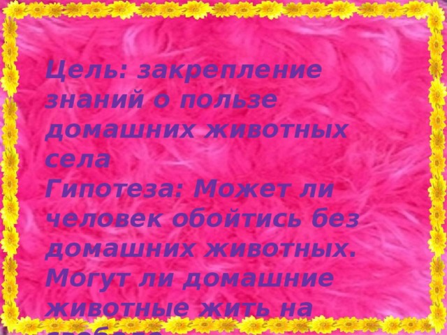 Цель: закрепление знаний о пользе домашних животных села  Гипотеза: Может ли человек обойтись без домашних животных. Могут ли домашние животные жить на свободе. 