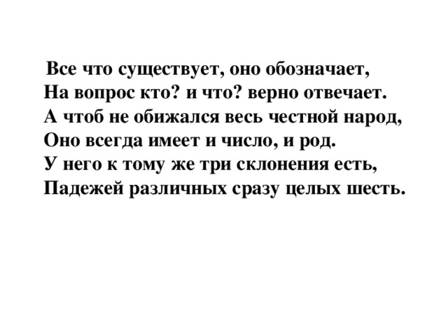  Все что существует, оно обозначает,  На вопрос кто? и что? верно отвечает.  А чтоб не обижался весь честной народ,  Оно всегда имеет и число, и род.  У него к тому же три склонения есть,   Падежей различных сразу целых шесть. 