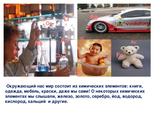 Ag Li H Ca Au O Na Au P Fe Cu K He     Окружающий нас мир состоит из химических элементов: книги, одежда, мебель, краски, даже мы сами! О некоторых химических элементах мы слышали, железо, золото, серебро, йод, водород, кислород, кальций и другие. 