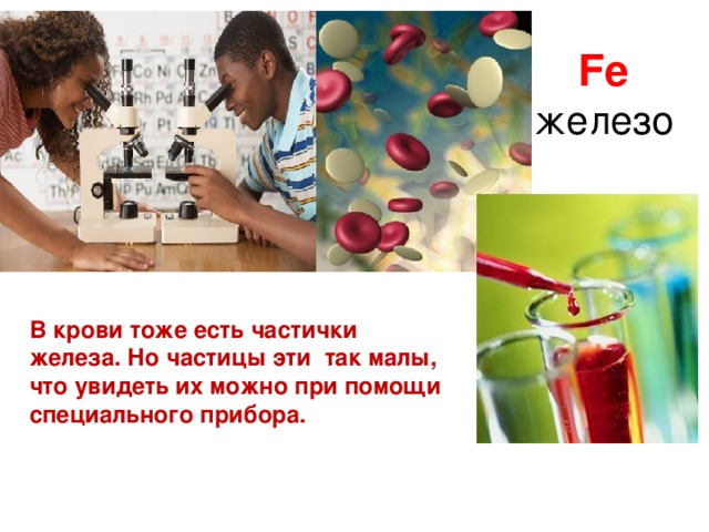 Fe железо В крови тоже есть частички железа. Но частицы эти так малы, что увидеть их можно при помощи специального прибора. 