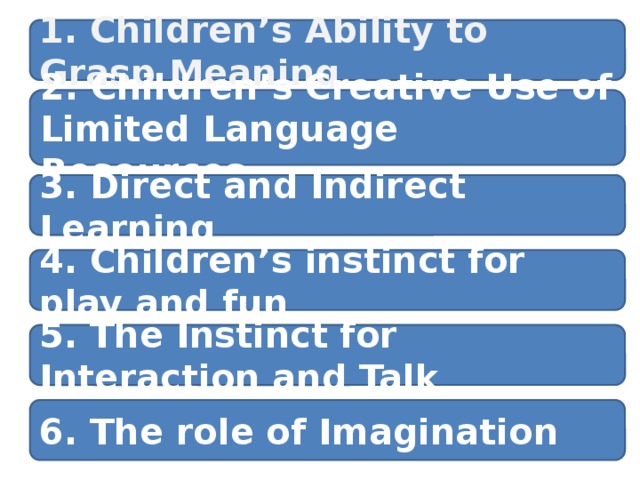 1. Children’s Ability to Grasp Meaning  2. Children’s Creative Use of Limited Language Resources 3. Direct and Indirect Learning 4. Children’s instinct for play and fun 5. The Instinct for Interaction and Talk 6. The role of Imagination 