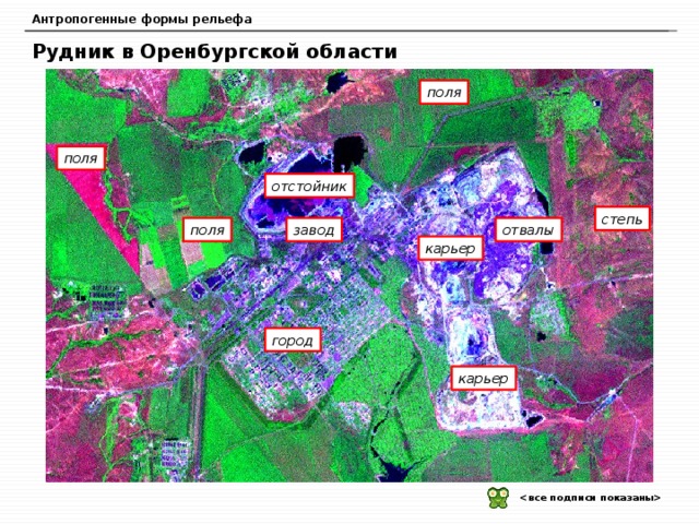 Антропогенные формы рельефа Рудник в Оренбургской области поля поля отстойник степь поля отвалы завод карьер город карьер   