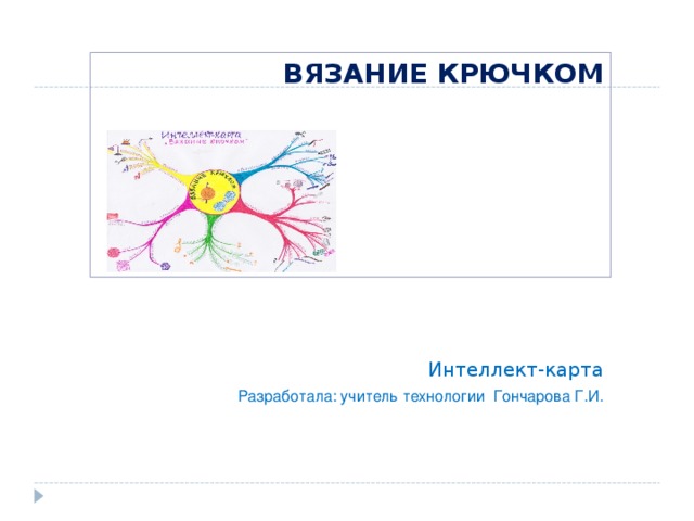 ВЯЗАНИЕ КРЮЧКОМ Интеллект-карта Разработала: учитель технологии Гончарова Г.И. 