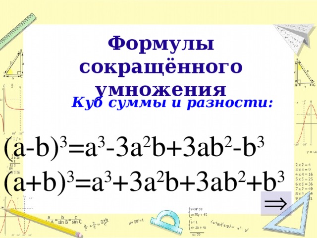 Формулы сокращённого умножения  Куб суммы и разности:  (a-b) 3 = a 3 - 3a 2 b+3ab 2 - b 3 (a + b) 3 = a 3 + 3a 2 b+3ab 2 + b 3  