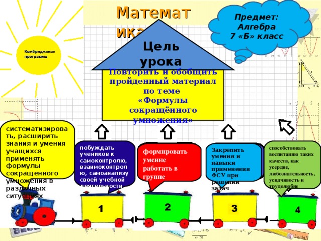 Предмет: Алгебра 7 «Б» класс Цель урока Повторить и обобщить пройденный материал по теме  «Формулы сокращённого умножения» систематизировать, расширить знания и умения учащихся применять формулы сокращенного умножения в различных ситуациях побуждать учеников к самоконтролю, взаимоконтролю, самоанализу своей учебной деятельности способствовать воспитанию таких качеств, как усердие, любознательность, усидчивость и трудолюбие формировать умение работать в группе Закрепить умения и навыки применения ФСУ при решении задач 