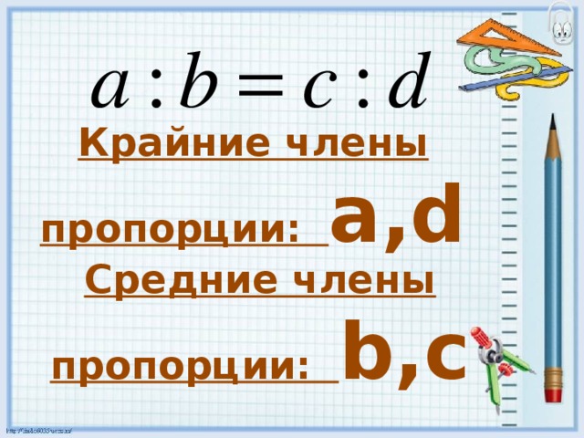 Крайние члены пропорции: a,d Средние члены пропорции: b,c 