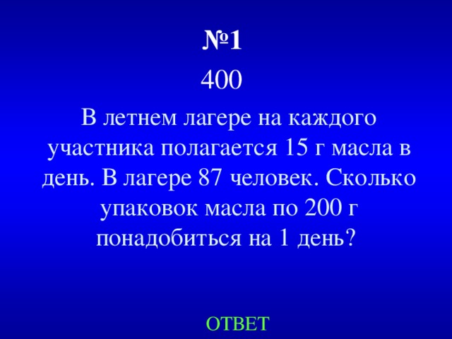 № 1   4 00  В летнем лагере на каждого участника полагается 15 г масла в день. В лагере 87 человек. Сколько упаковок масла по 200 г понадобиться на 1 день? ОТВЕТ 