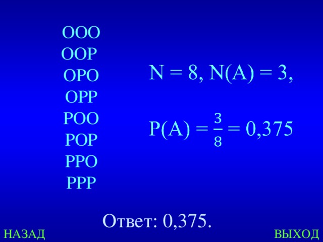 ООО ООР ОРО ОРР РОО РОР РРО РРР Ответ: 0,375. НАЗАД ВЫХОД  