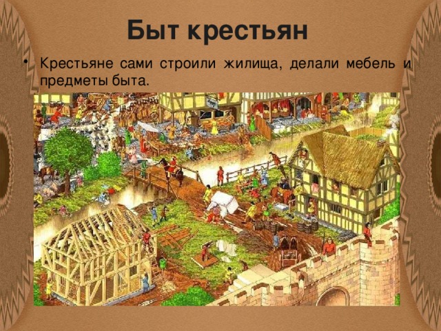 Быт крестьян Крестьяне сами строили жилища, делали мебель и предметы быта. 
