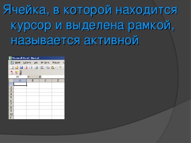 Ячейка, в которой находится курсор и выделена рамкой, называется активной 