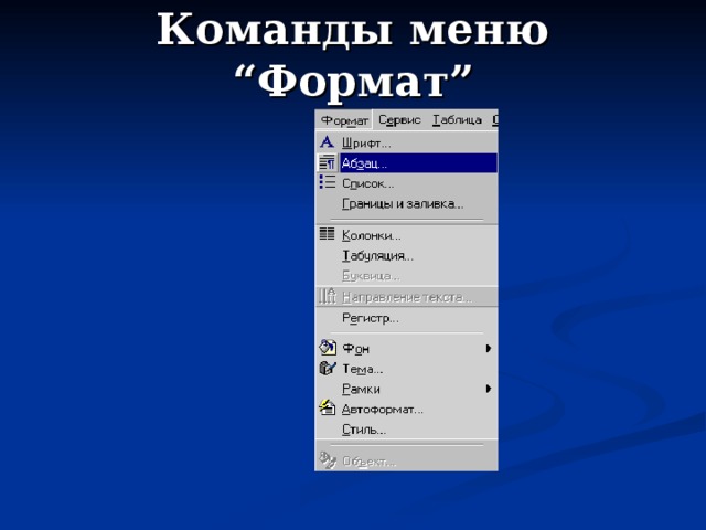Команды меню “Формат” 
