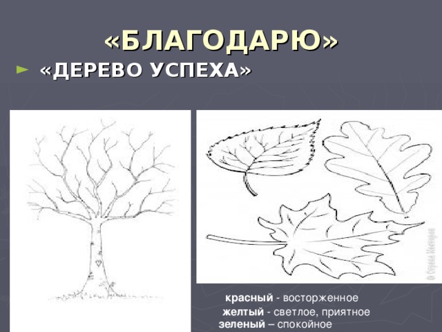 «БЛАГОДАРЮ» «ДЕРЕВО УСПЕХА»  красный - восторженное желтый - светлое, приятное зеленый – спокойное 