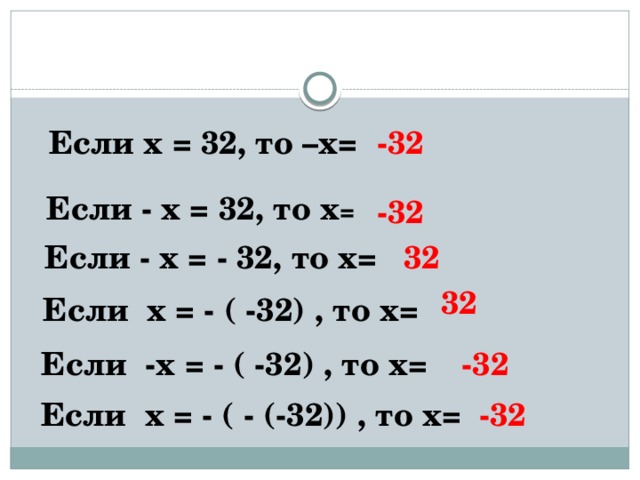 Если х = 32, то –х= -32 Если - х = 32, то х = -32 Если - х = - 32, то х= 32 32 Если х = - ( -32) , то х= Если -х = - ( -32) , то х= -32 Если х = - ( - (-32)) , то х= -32 