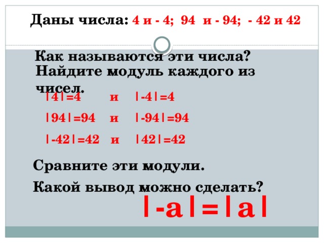 Даны числа: 4 и - 4; 94 и - 94; - 42 и 42 Как называются эти числа? Найдите модуль каждого из чисел. |4|=4 и |-4|=4 |94|=94 и |-94|=94 |-42|=42 и |42|=42 Сравните эти модули. Какой вывод можно сделать? |-а|=|a|   