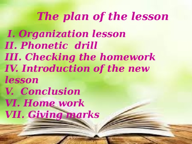  The plan of the lesson  I. Organization lesson II. Phonetic drill ІІІ. Checking the homework ІV. Introduction of the new lesson V. Conclusion VI. Home work VII. Giving marks   