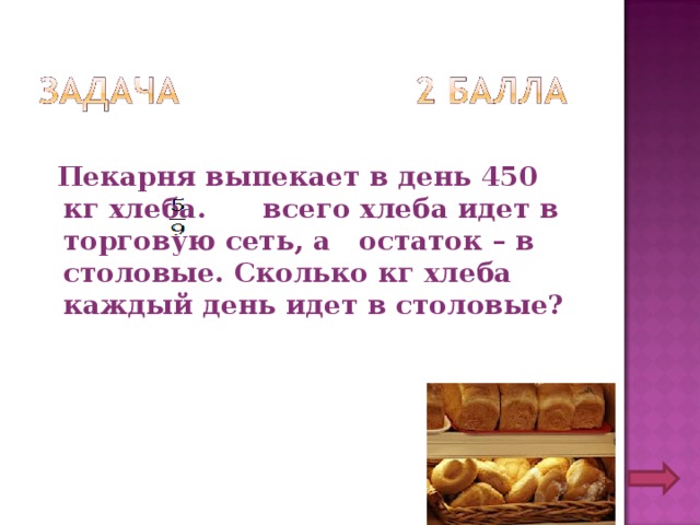  Пекарня выпекает в день 450 кг хлеба. всего хлеба идет в торговую сеть, а остаток – в столовые. Сколько кг хлеба каждый день идет в столовые? 