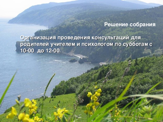 Решение собрания Организация проведения консультаций для родителей учителем и психологом по субботам с 10-00 до 12-00 . 