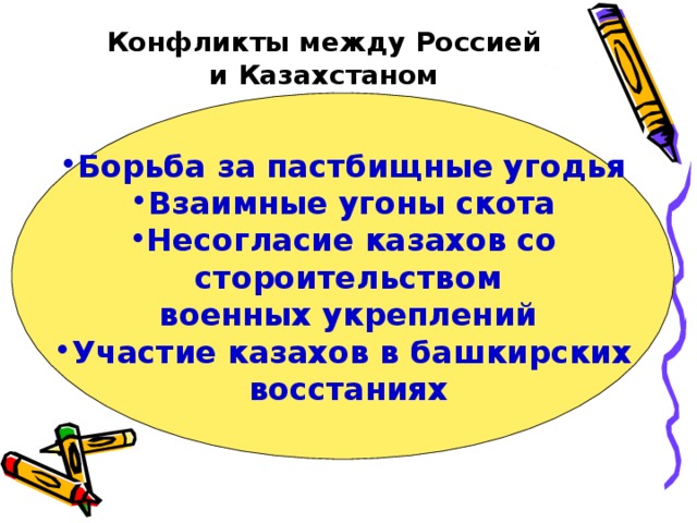     Конфликты между Россией  и Казахстаном Борьба за пастбищные угодья Взаимные угоны скота Несогласие казахов со  стороительством  военных укреплений Участие казахов в башкирских  восстаниях 