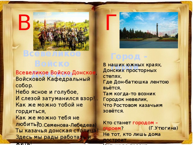 В Г Всевеликое Войско Донское Город - герой В наших южных краях,  Донских просторных степях,  Где Дон-батюшка лентою вьётся,  Там когда-то возник  Городок невелик,  Что Ростовом казачьим зовётся. Кто станет городом – героем ? Не тот, кто лишь дома построит. Нет, надо подвиг совершить, Геройски воевать и жить! Всевеликое Войско Донское ,  Войсковой Кафедральный собор.  Небо ясное и голубое,  И слезой затуманился взор!..  Как же можно тобой не гордиться,   Как же можно тебя не любить?  Ты казачья донская столица!  Здесь мы рады работать и жить! (О.Семенова-Лебедева) (Г.Утюгина) 