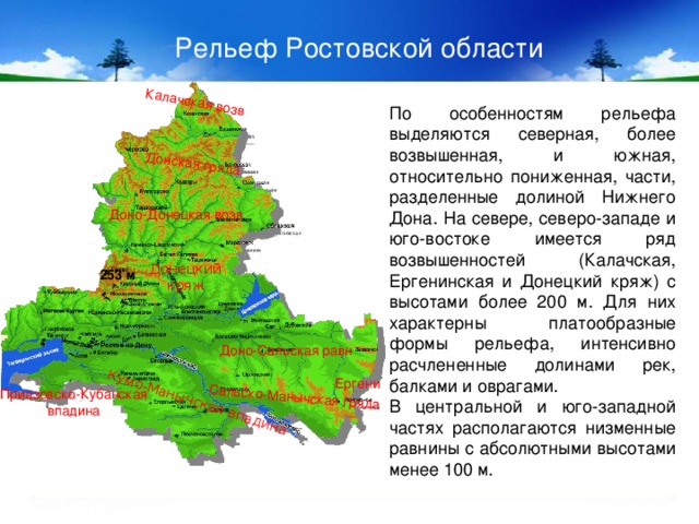 Калачская возв Донская гряда  Сальско-Манычская гряда Кумо-Манычская впадина Рельеф Ростовской области По особенностям рельефа выделяются северная, более возвышенная, и южная, относительно пониженная, части, разделенные долиной Нижнего Дона. На севере, северо-западе и юго-востоке имеется ряд возвышенностей (Калачская, Ергенинская и Донецкий кряж) с высотами более 200 м. Для них характерны платообразные формы рельефа, интенсивно расчлененные долинами рек, балками и оврагами. В центральной и юго-западной частях располагаются низменные равнины с абсолютными высотами менее 100 м. Доно-Донецкая возв Донецкий кряж 253 м Доно-Сальская равн Ергени  Приазовско-Кубанская впадина 